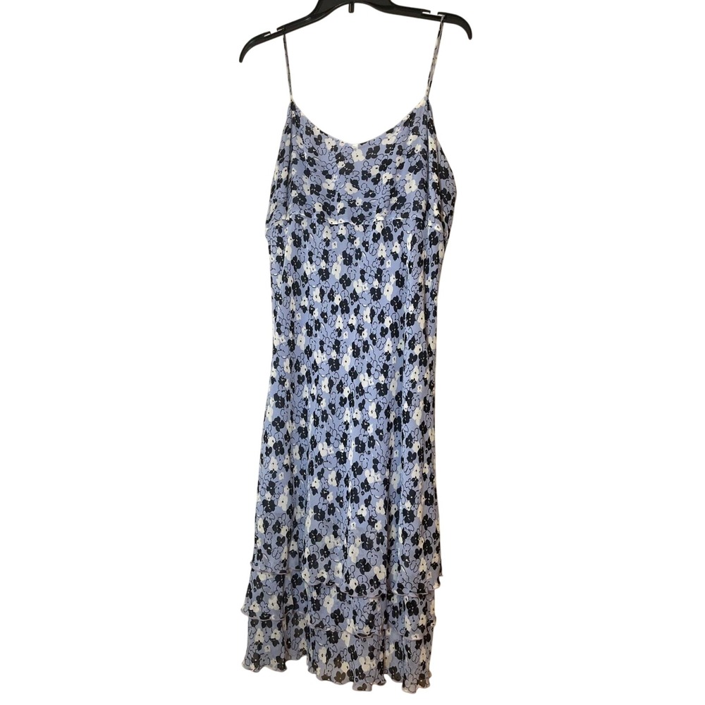 VTG Ann Taylor Women Y2K Silk Floral Midi Dress Sz 14 Blue 3 Tier Romantic Fairy